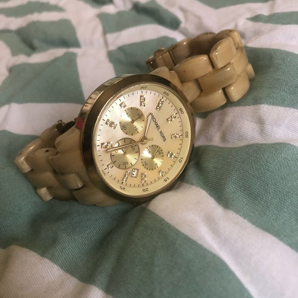 Women's MK5217 Oversized Horn Watch, Ivory Tone